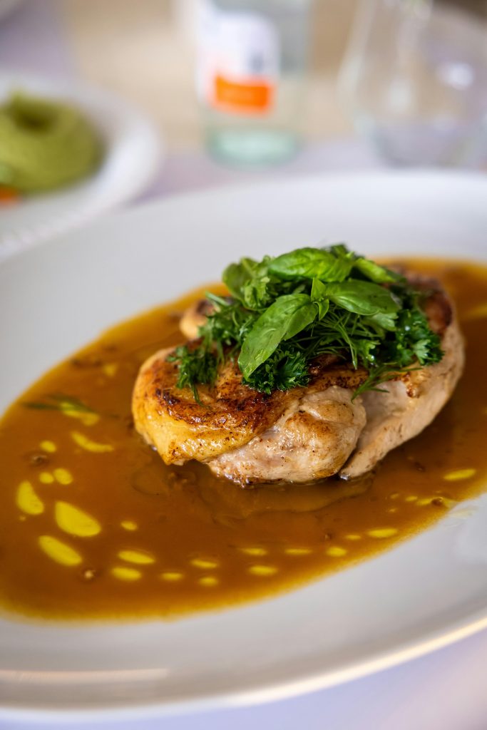 Delicious grilled chicken with fresh herbs in rich sauce on a white plate.